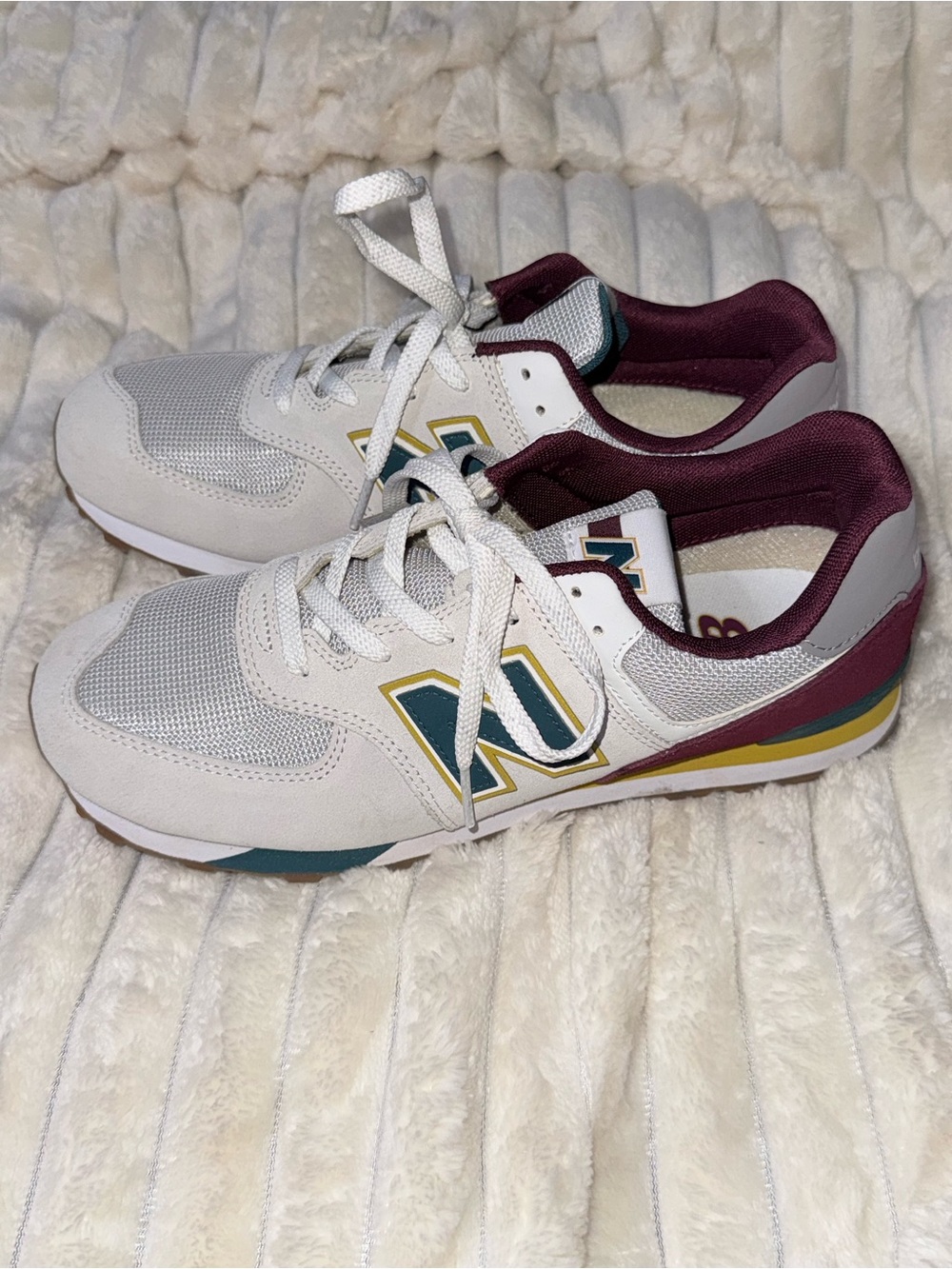 New Balance White Sneakers with Burgundy and Teal Accents